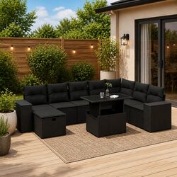 Garden Sofa Set - 9 Piece Black Poly Rattan Lounge