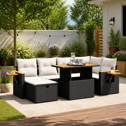7 Piece Garden Sofa Set - Black PE Rattan with Cushions