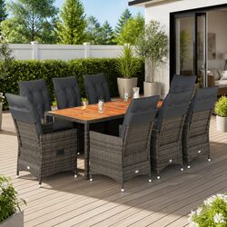 9 Piece Outdoor Dining Set: Grey PE Rattan and Acacia Wood