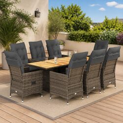Garden Dining Set: 9 Piece Grey Poly Rattan with Cushions
