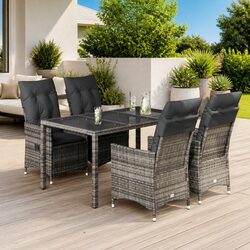 5 Piece Outdoor Dining Set: Grey Poly Rattan with Cushions