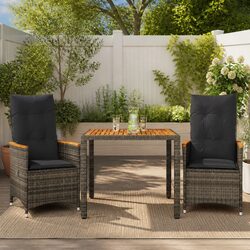 3 Piece Bistro Set: Grey Rattan and Acacia Wood