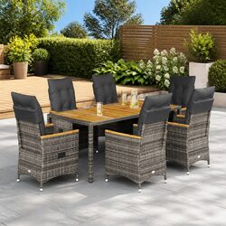 Outdoor Dining Set - 7 Pieces with Grey PE Rattan and Cushions