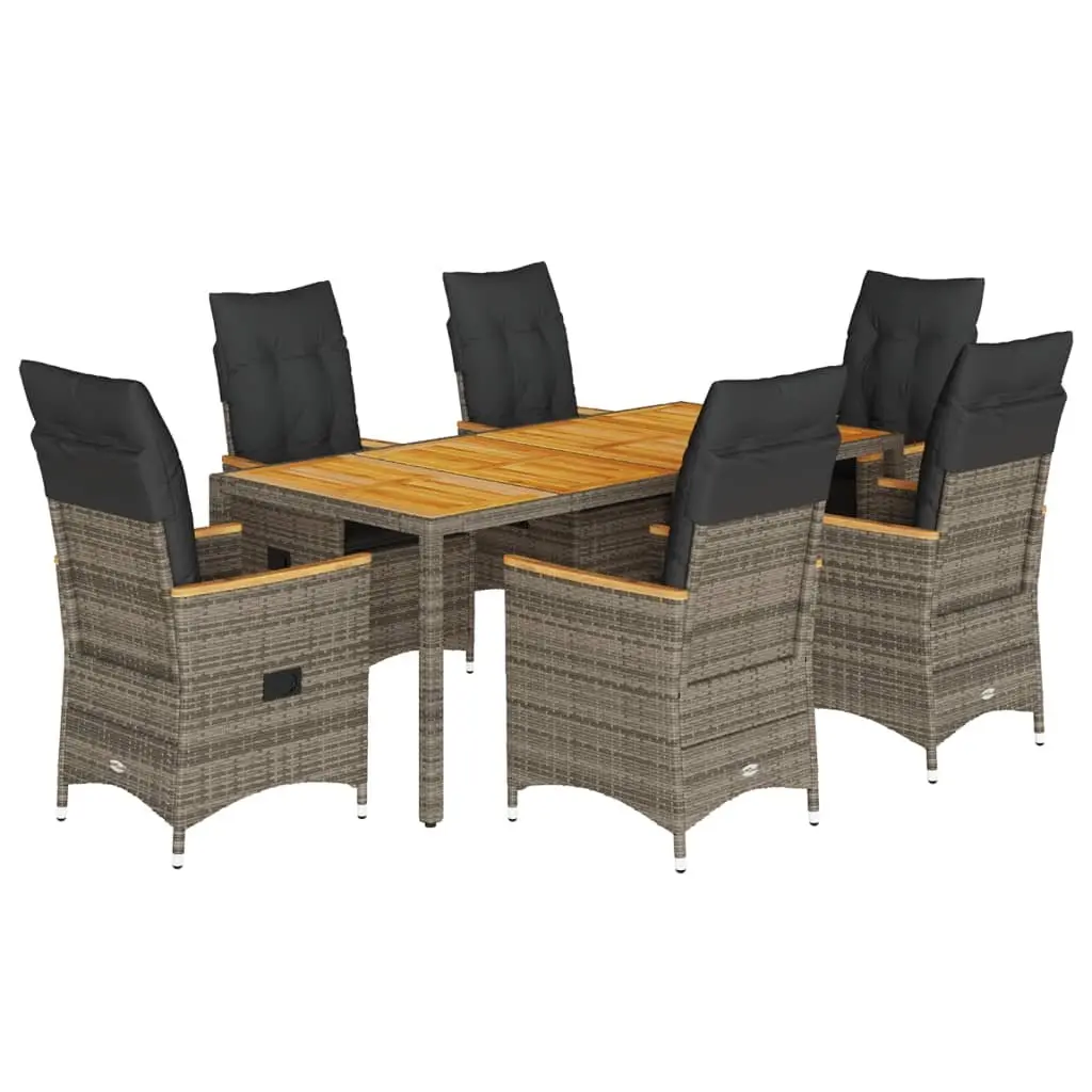 7 Piece Patio Dining Set Grey PE Rattan with Cushions Acacia Wood Table for Outdoor Use