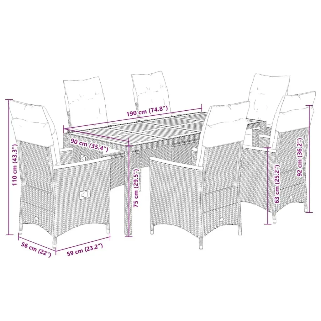 7 Piece Patio Dining Set Grey PE Rattan with Cushions Acacia Wood Table for Outdoor Use