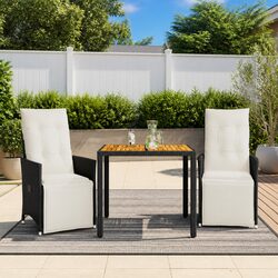 3 Piece Bistro Set: 2 Chairs, 1 Table, Cushions - Black