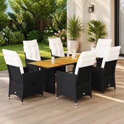 7 Piece Garden Dining Set: Black Poly Rattan Construction