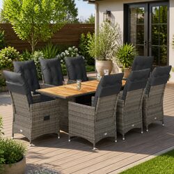 Garden Bistro Set 9 Piece Outdoor Furniture Grey Poly Rattan Adjustable Cushions