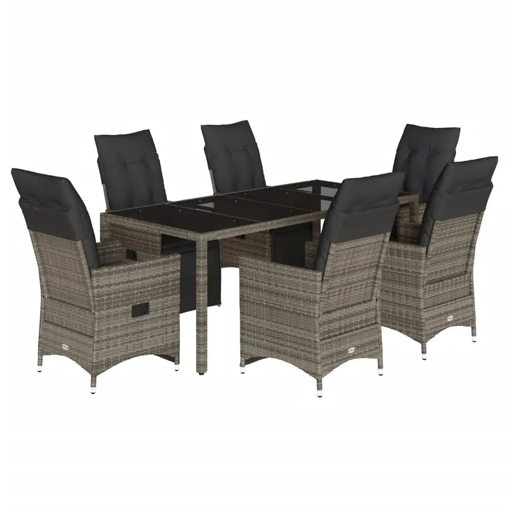7 Piece Grey Poly Rattan Outdoor Bistro Set with Cushions for Patio and Garden