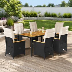 7 Piece Garden Bistro Set Outdoor Furniture Black Poly Rattan with Cushions
