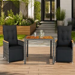 3 Piece Bistro Set: Grey Poly Rattan, Cushions Included