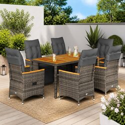 7 Piece Garden Bistro Set Outdoor Furniture Grey Poly Rattan Chairs Table