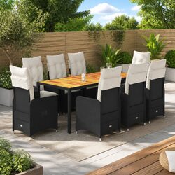 Garden Bistro Set 9 Piece Outdoor Furniture Black Poly Rattan Chairs Table