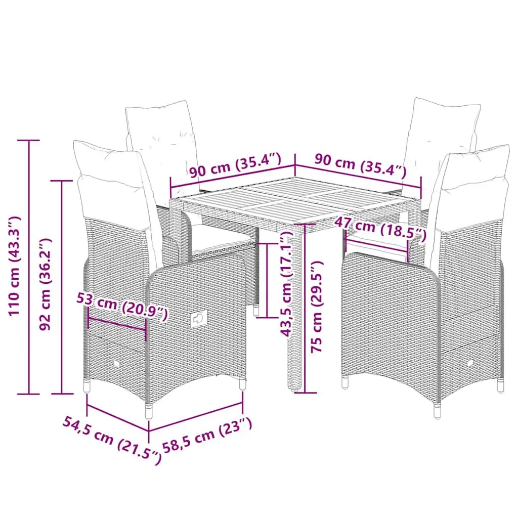 Grey Bistro Set for Garden 5 Piece with Cushions PE Rattan