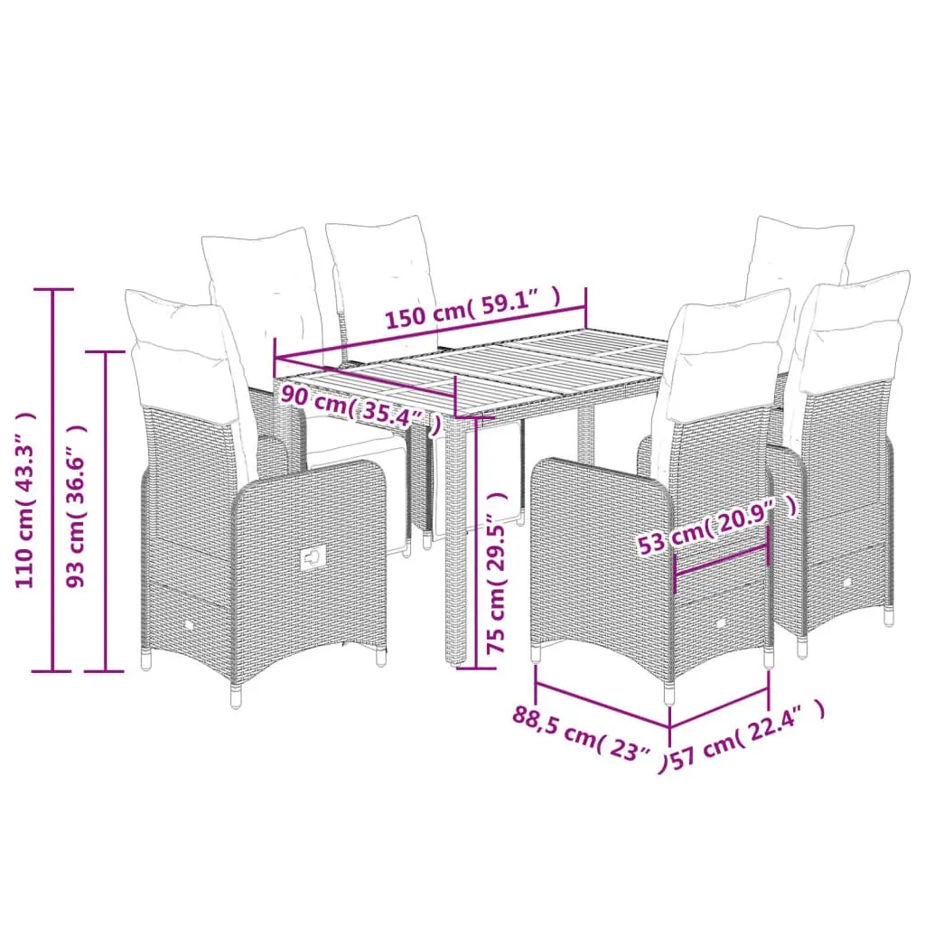 Outdoor Bistro Set 7 Piece Patio Furniture Black PE Rattan with Cushions