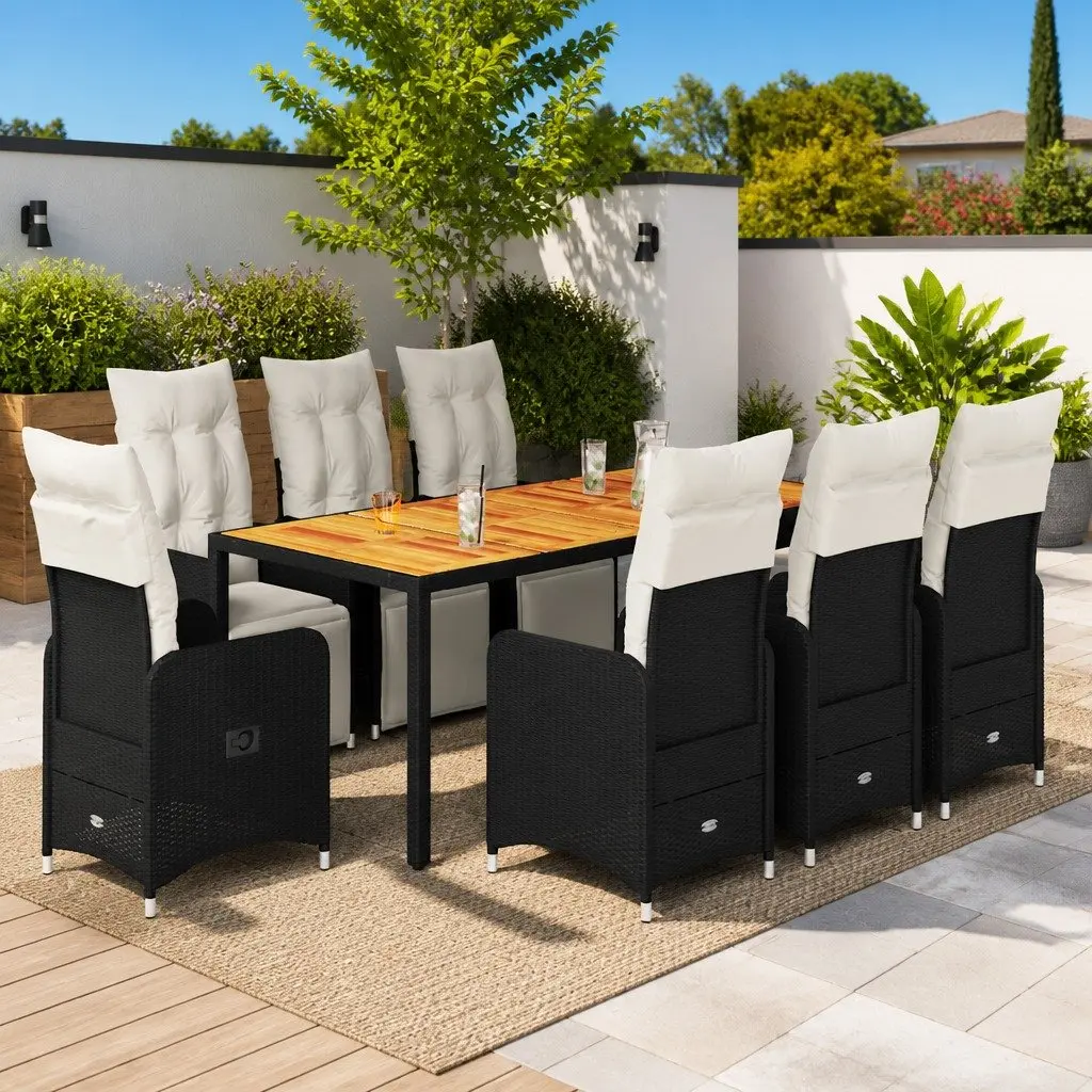 9 Piece Outdoor Bistro Set Patio Dining Table and Adjustable Chairs with Cushions for Garden and Balcony