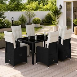 7 Piece Garden Bistro Set Outdoor Furniture with Cushions Black Poly Rattan