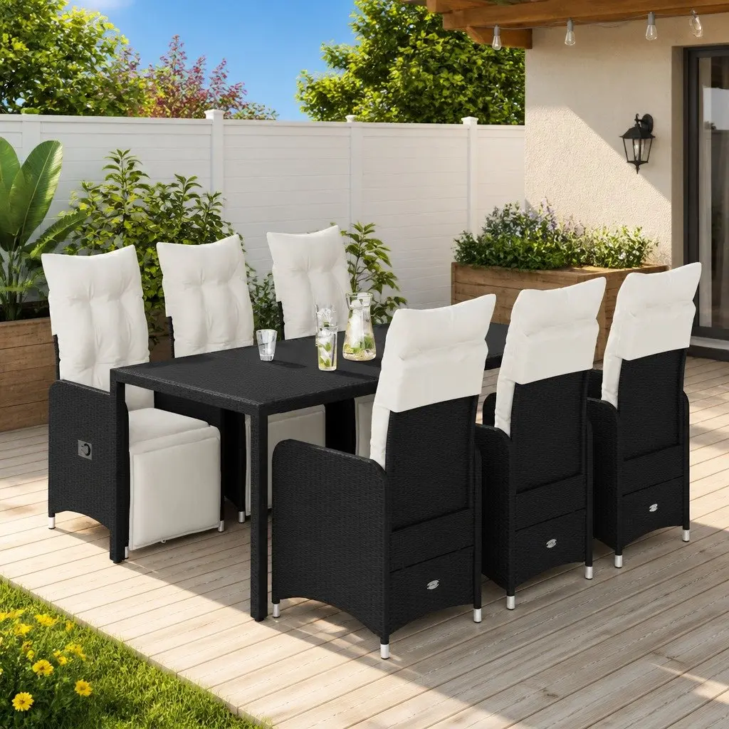 7 Piece Bistro Set Outdoor Furniture Poly Rattan Black with Cushions for Garden and Patio