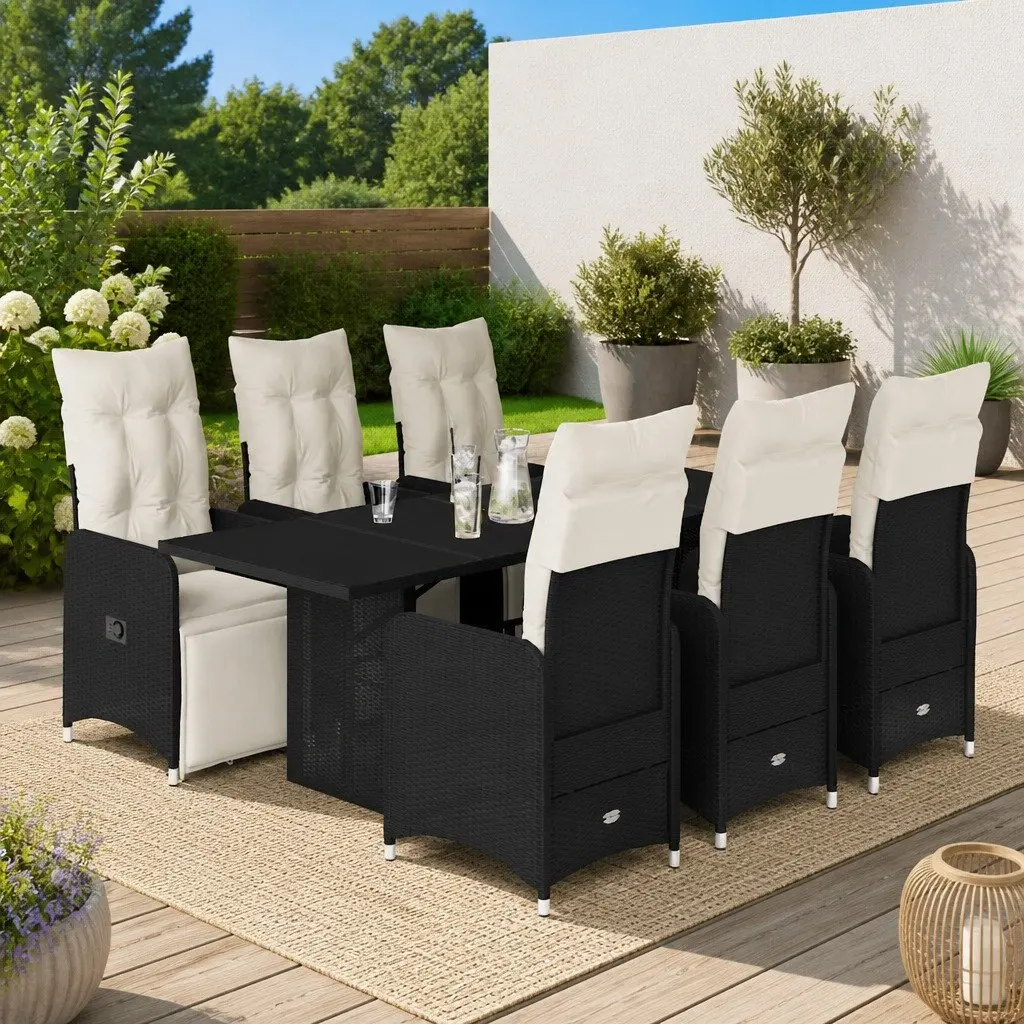 7 Piece Outdoor Bistro Set Garden Furniture Black Poly Rattan with Cushions