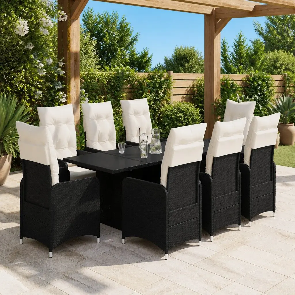 9 Piece Outdoor Garden Bistro Set Black Poly Rattan Chair Table Cushions