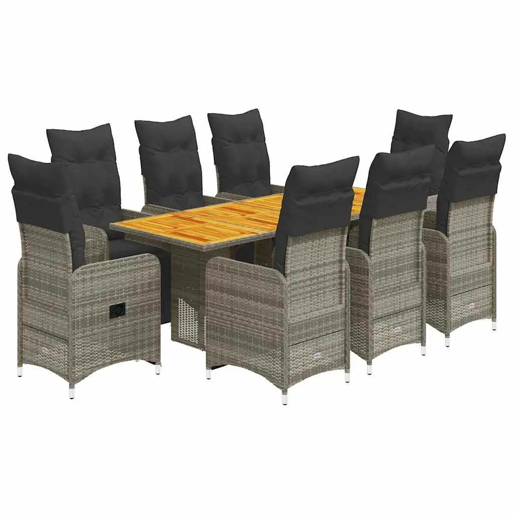 9PieceGardenDiningSetGreyRattanOutdoorFurnitureWithAcaciaWoodTableAndAdjustableBackrestChairsForBalconyPatioYard