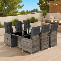 7 Piece Grey Bistro Set with Poly Rattan and Glass Top