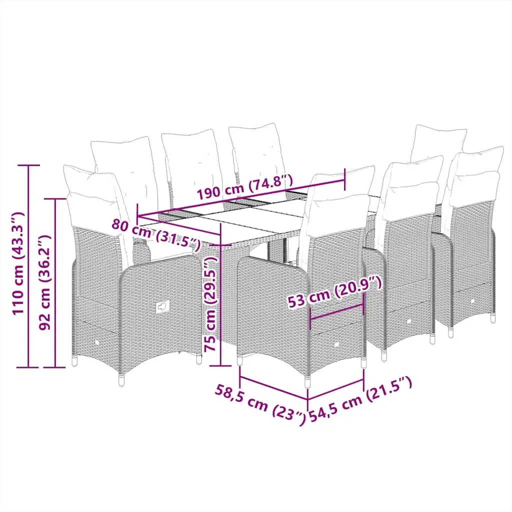Garden Bistro Set 9 Piece Outdoor Furniture Grey Poly Rattan with Cushions