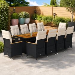 Garden Bistro Set 11 Piece Outdoor Furniture Black Poly Rattan with Cushions