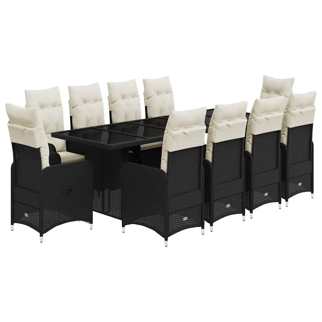 11 Piece Garden Bistro Set Outdoor Furniture Black Poly Rattan with Cushions