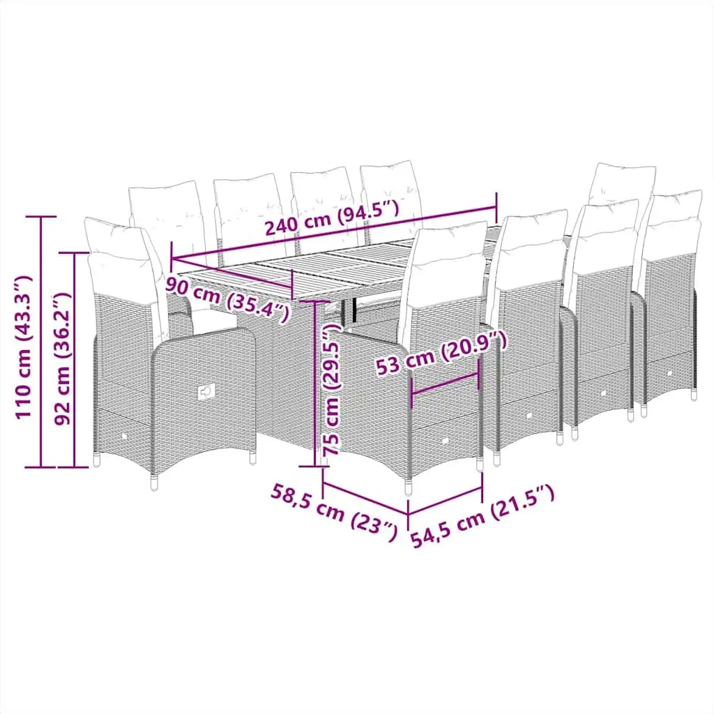 Outdoor Bistro Set 11 Piece Garden Furniture with Cushions Grey Poly Rattan and Acacia Wood Table
