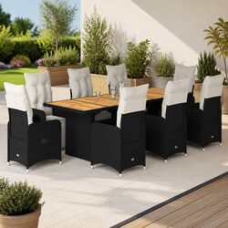 Garden Bistro Set 9 Piece Outdoor Furniture Black Poly Rattan with Cushions