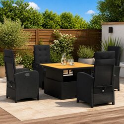 5 Piece Outdoor Garden Dining Set Black Poly Rattan Adjustable Backrest Cushions