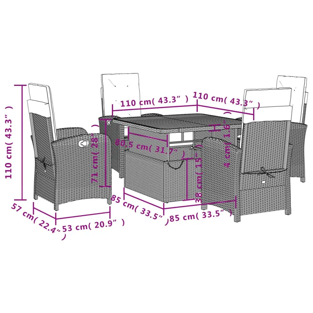 5 Piece Outdoor Garden Dining Set Black Poly Rattan Adjustable Backrest Cushions
