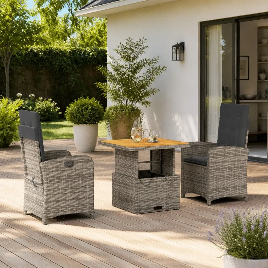 Garden Dining Set Outdoor Use 3 Piece Grey Cushions