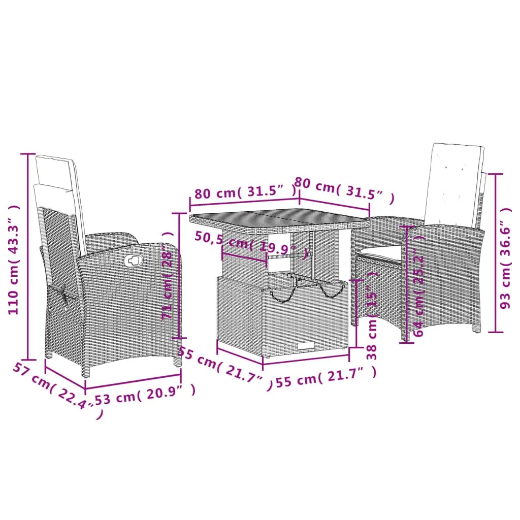 Garden Dining Set Outdoor Use 3 Piece Grey Cushions