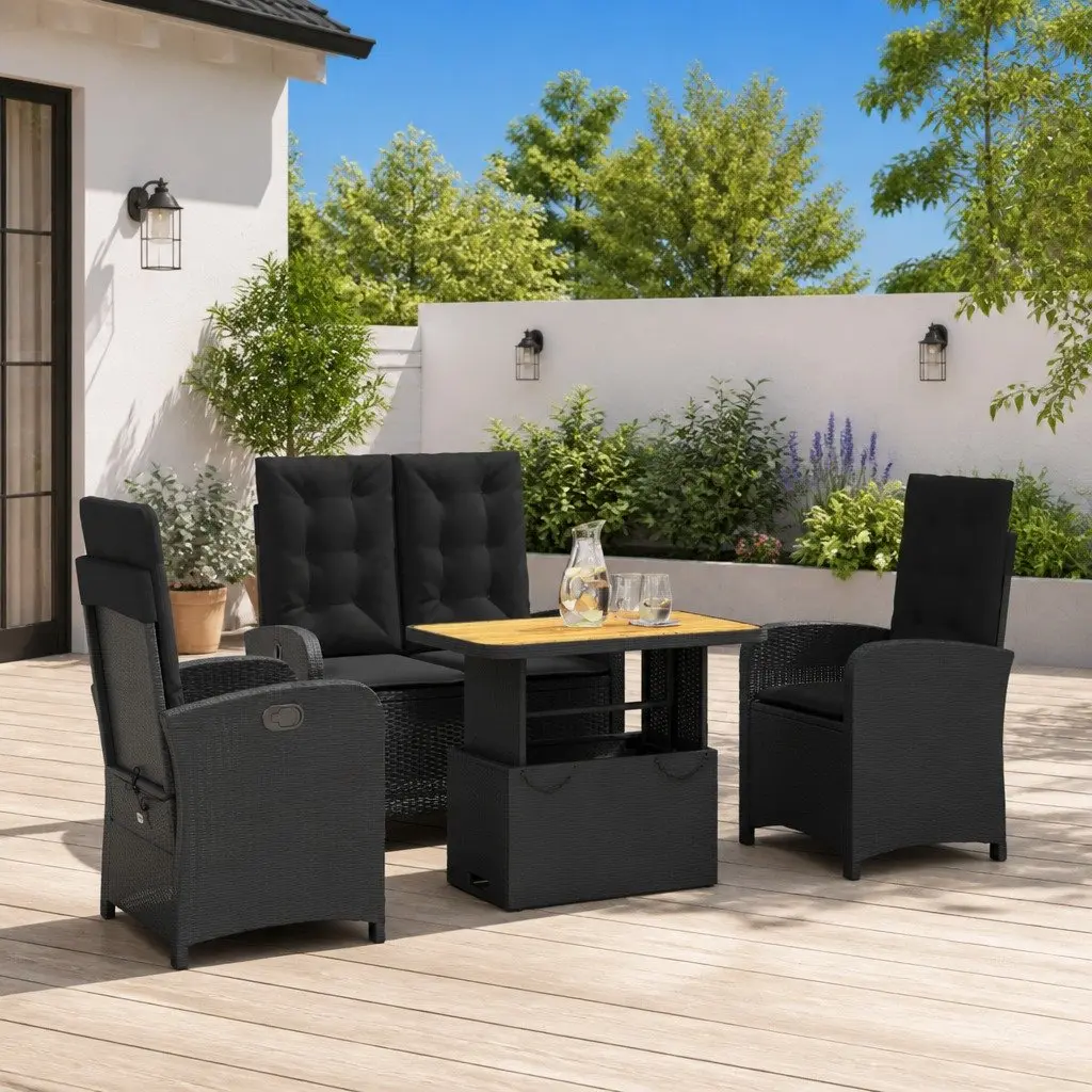 4 Piece Outdoor Dining Set Black PE Rattan Garden Furniture