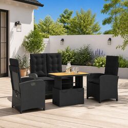 4 Piece Outdoor Dining Set: Black PE Rattan Construction, Adjustable Design
