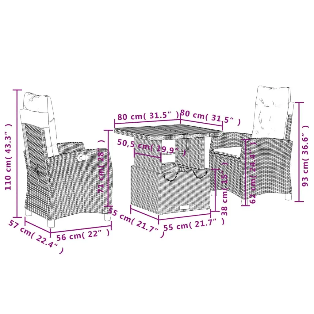 Garden Dining Set 3 Piece Outdoor Furniture Grey Poly Rattan with Cushions