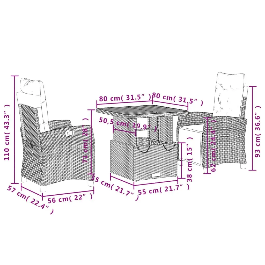 Garden Dining Set 3 Piece Outdoor Furniture Grey Poly Rattan Adjustable Backrest