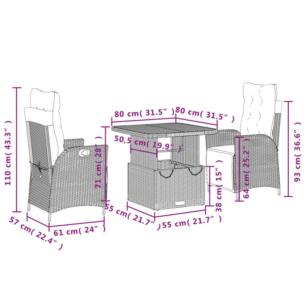 Outdoor Dining Set Garden Furniture 3 Piece PE Rattan Chairs Table
