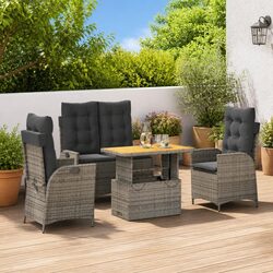 4 Piece Garden Dining Set Adjustable Backrest Lift Top Table Grey Cushions
