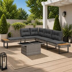 2-Piece Grey Poly Rattan Sofa Set with Glass Tabletop