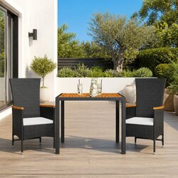 Outdoor Dining Set 3 Piece: Black Poly Rattan, Cushions Included