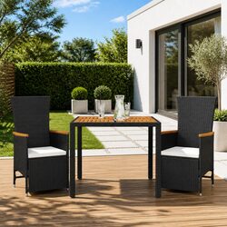 Garden Dining Set 3 Piece Outdoor Furniture Black Poly Rattan Cushions Patio