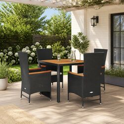 5 Piece Garden Dining Set: Black PE Rattan & Acacia Wood