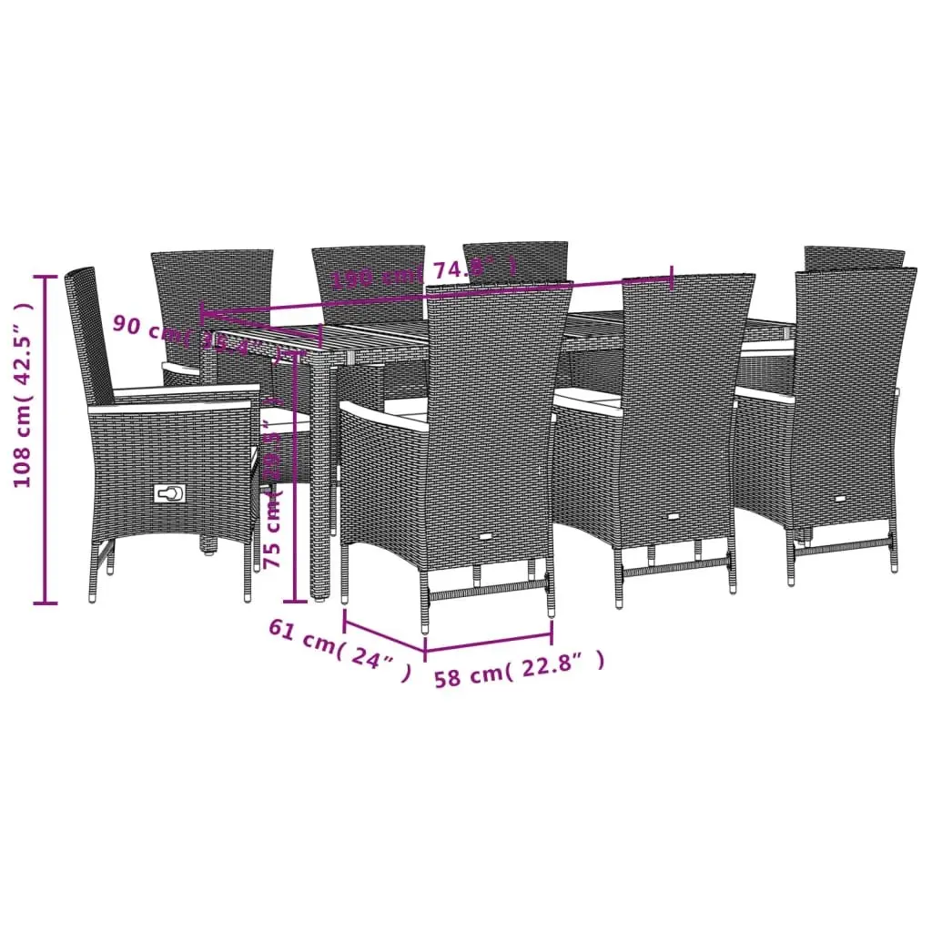Outdoor Furniture Dining Set 9 Piece Black Poly Rattan with Adjustable Backrest and Acacia Wood Table