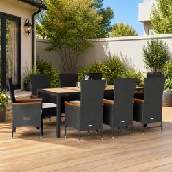 9 Piece Garden Dining Set: Black Poly Rattan & Acacia Wood