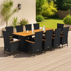 11-Piece Outdoor Dining Set - Black Poly Rattan & Cushions