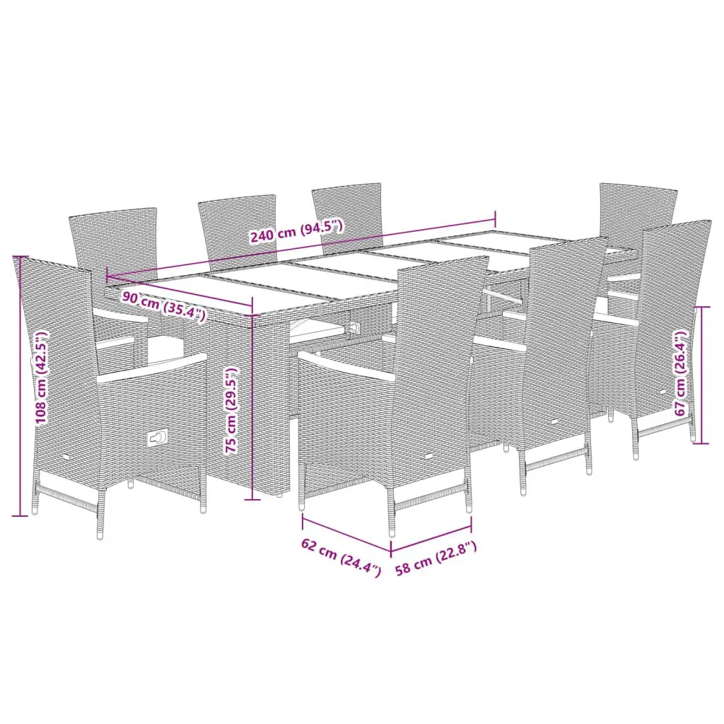 Outdoor Dining Set 9 Piece Garden Use Black Poly Rattan