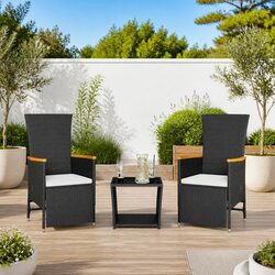 3 Piece Outdoor Dining Set Black Poly Rattan Adjustable Backrest Glass Tabletop